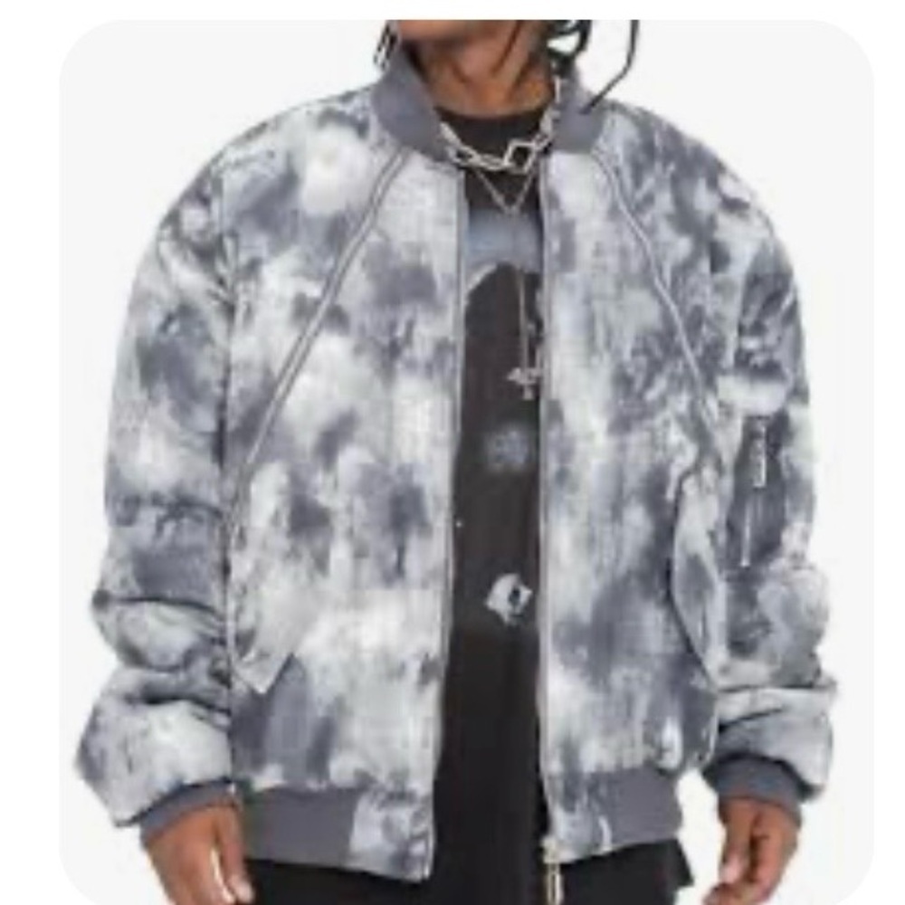 Men’s BEGOING bomber jacket with a gray and black watercolor pattern size M - Picture 1 of 14